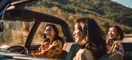Adventure begins right now Side view of three beautiful young cheerful women looking away with smile while sitting in car : Generative AIの素材