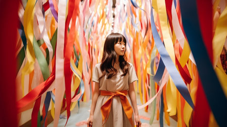Beautiful young woman looking out of the colorful banners while standing against background : Generative AIの素材