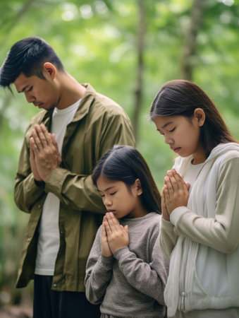 Beautiful family holding hands while praying before dinner outdoors : Generative AIの素材