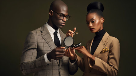 Businessman examining you Serious young African man in formalwear looking through a magnifying glass while standing isolated on white background : Generative AIの素材