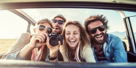 Capturing fun Group of young happy people enjoying road trip in convertible and making selfie : Generative AIの素材