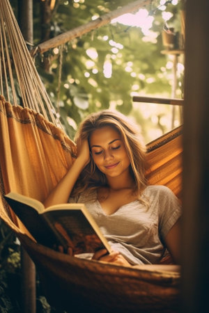 Beautiful young woman reading book andd smiling while relaxing in big hammock at home : Generative AIの素材