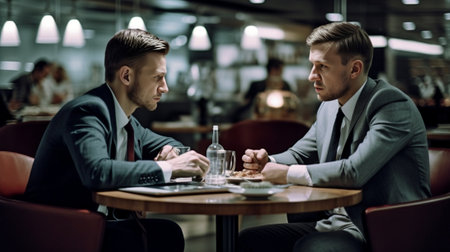 Business partners meeting Two confident business people in formalwear discussing something while sitting at the restaurant : Generative AIの素材