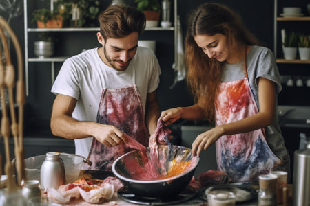 Confident young man repairing a sink while woman standing near at the domestic kitchen : Generative AIの素材