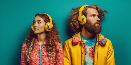 Beautiful young smiling couple in headphones listening music while standing against blue background : Generative AIの素材