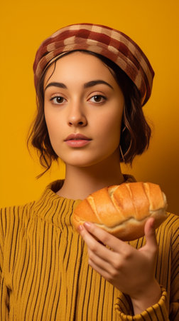 Beautiful young woman holding two doughnuts while standing against yellow background : Generative AIの素材