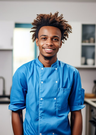 Cheerful young man looking at camera while standing at the kitchen island : Generative AIの素材