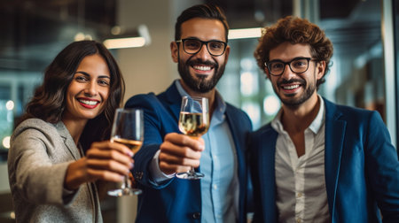 Celebrating Diverse group of young business people drinking champagne and smiling while standing in the board room : Generative AIの素材