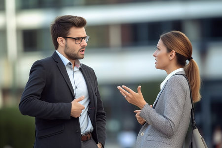 Business communication Two confident business people in casual wear discussing something and gesturing : Generative AIの素材