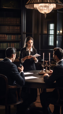 Business conference Group of business people in formalwear sitting at the chairs in conference hall and writing something gin their note pads : Generative AIの素材
