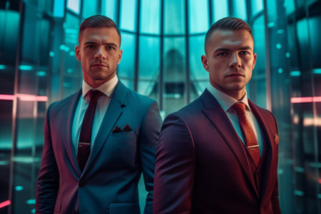 Carefree time Thoughtful man in full suit looking at camera while standing indoors near his friend : Generative AIの素材