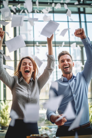 Celebrating success Group of young business people throwing documents and looking happy while sitting at their working places in office : Generative AIの素材
