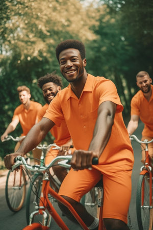 Carefree summer day Group of happy young people in casual wear smiling while cycling together outdoors : Generative AIの素材