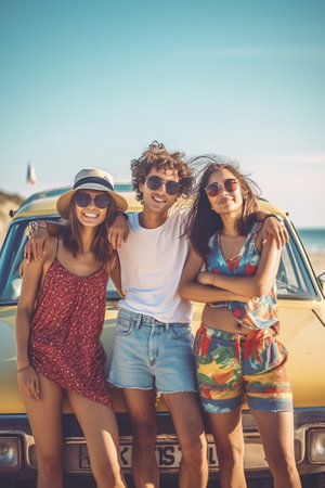 Capturing summer fun Group of happy young people bonding to each other and making selfie while standing near their retro mini van : Generative AIの素材