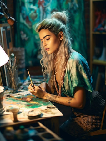 Beautiful young woman holding thread and looking at sketches while sitting in her workshop : Generative AIの素材