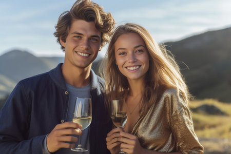 Beautiful romantic couple toasting with wine and smiling while enjoying time outdoors together : Generative AIの素材