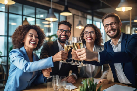 Cheers to us Group of cheerful young people cheering with champagne flutes and looking happy while while sitting at the dinning table together : Generative AIの素材
