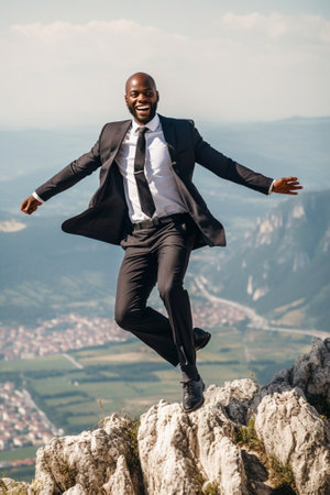Celebrating success Full length of happy young African man in formalwear keeping arms raised and expressing positivity while standing outdoors : Generative AIの素材