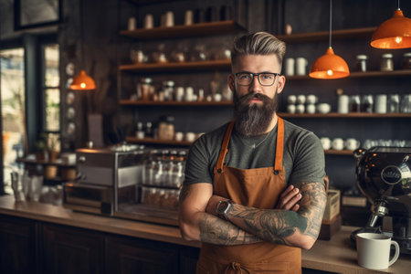 Confident barista Young bearded man in apron looking at camera and holding coffee cup while standing at bar counter : Generative AIの素材