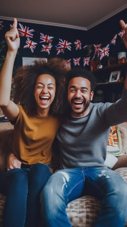 Cheerful couple embracing and keeping arms raised while sitting on the floor at the kitchen : Generative AIの素材