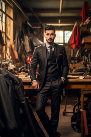Confident in his style Handsome young man in full suit looking away and smiling while sitting in his workshop : Generative AIの素材