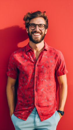 Cheerful and trendy look Handsome young man adjusting his sunglasses and smiling while standing against red background : Generative AIの素材