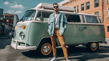 Calling friends Happy young man talking on the mobile phone and holding hand in pocket while leaning at the retro mini van : Generative AIの素材