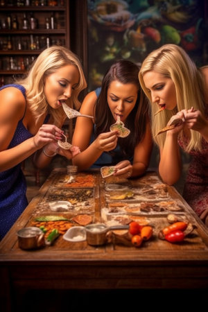 Choosing the best bite Four young women in pajamas getting ready to eat cake while having a slumber party : Generative AIの素材