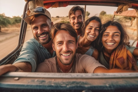 Capturing bright moments Group of young cheerful people having fun in pickup truck while driver making selfie : Generative AIの素材