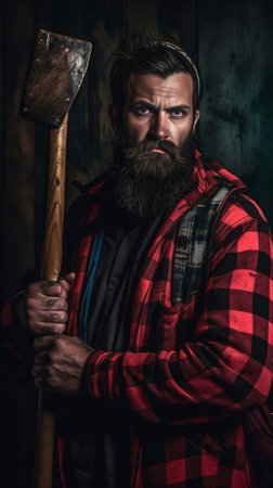 Confident lumberjack Side view of confident young bearded man holding a big axe and looking at camera while standing against grey background : Generative AIの素材