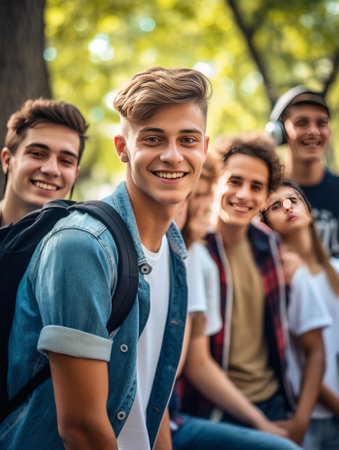 Confident students Joyful young man smiling and looking at camera while sitting with his friends at the wooden desk outdoors : Generative AIの素材