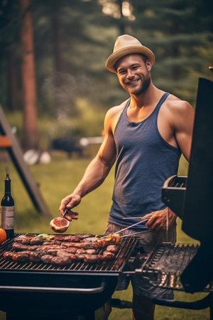 Confident young man barbecuing meat on grill while his family relaxing in the background : Generative AIの素材