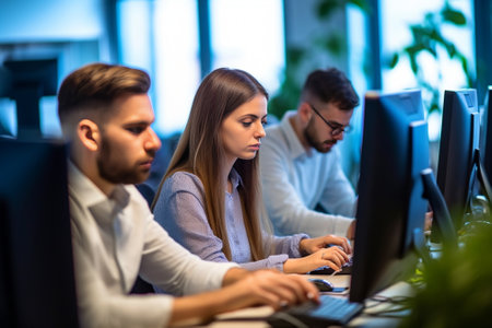 Concentrated at work Group of young beautiful people using computers and communicating while working in office together : Generative AIの素材