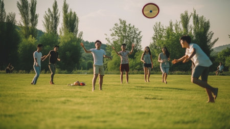 Catch the frisbee Group of young people in casual wear throwing plastic disk while spending carefree time outdoors : Generative AIの素材