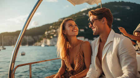 Celebrating love Smiling young couple holding glasses with champagne and looking at each other while sitting on the board of yacht : Generative AIの素材