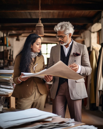 Choosing best quality Young fashionable designer choosing fabric with his client while sitting in the workshop : Generative AIの素材