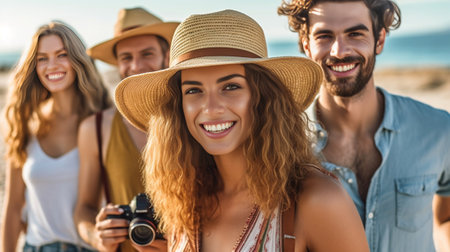 Carefree time with friends Two beautiful young couples walking by the beach and smiling : Generative AIの素材