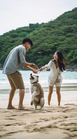 Catch Full length of beautiful young couple throwing plastic disc while playing with their dog outdoors : Generative AIの素材