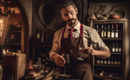 Confident winemaker Confident young man in apron holding glass with red wine while standing in wine cellar : Generative AIの素材
