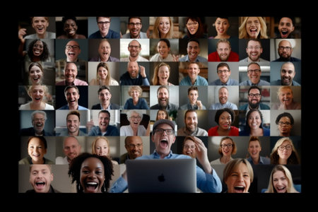 Composite image of coworkers smiling and communicating together while having video call : Generative AIの素材