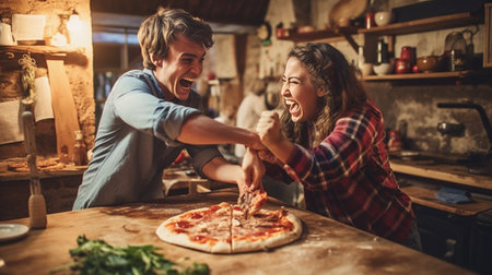 Cheerful young couple making homemade pizza while standing at the kitchen together : Generative AIの素材