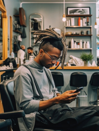 Confident young African man talking on mobile phone while sitting in fashion store office : Generative AIの素材