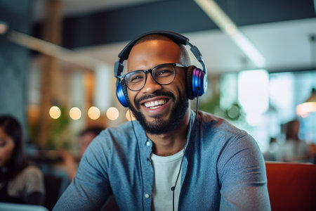 Cheerful African man in headphones enjoying music while sitting at his working place : Generative AIの素材