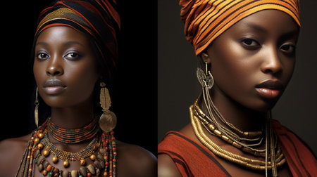 African queen Collage of beautiful young African woman in ethnic style expressing different emotions while standing against black background : Generative AIの素材