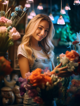 At the flower shop Cropped image of young blond hair woman in apron keeping arms crossed while bunch on flowers laying o foreground : Generative AIの素材