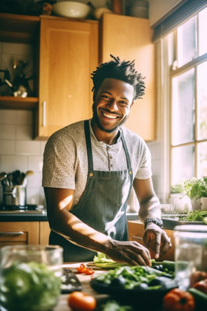 Cheerful young man enjoying lunch while sitting at the kitchen counter at home : Generative AIの素材