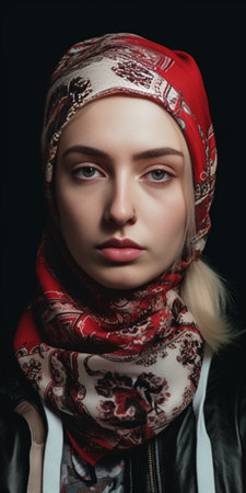 Attractive young woman in bandana looking away while standing against grey background : Generative AIの素材