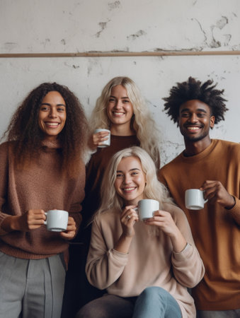 Coffee break chat Group of business people in smart casual wear holding coffee cups and smiling while standing close to each other in office : Generative AIの素材