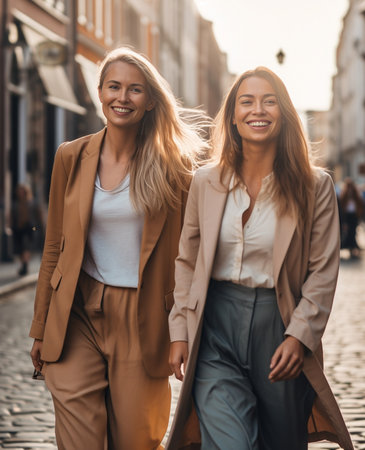 Beauties in style Two beautiful young welldressed women smiling at camera while standing close to each other outdoors : Generative AIの素材