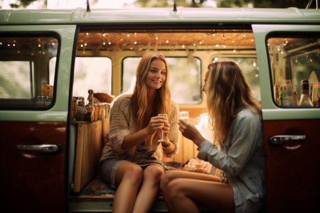 Always together and never apart Two cheerful young women holding bottles of beer while their friends sitting at the background in retro minivan : Generative AIの素材
